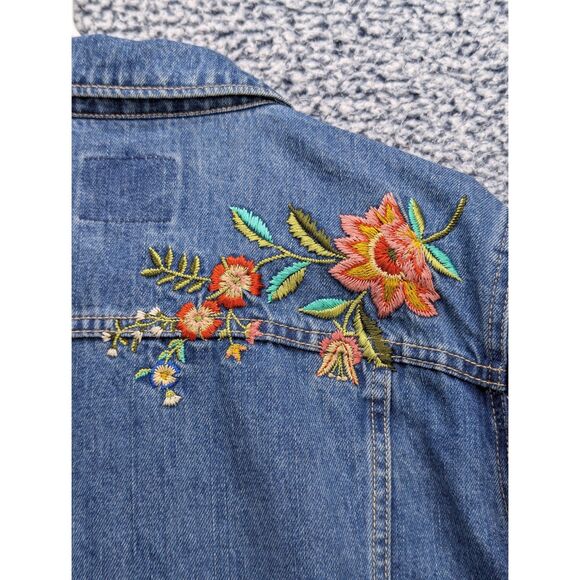 Old Navy Floral Embroidered Denim Jacket Size XL Button Up Trucker Jean Bohemian - Picture 10 of 14
